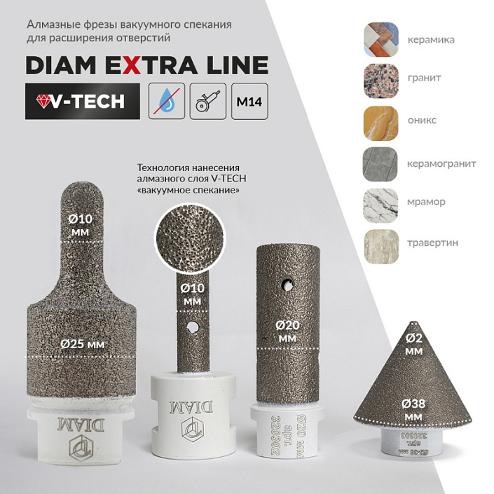 Характеристики и применение алмазной пальчиковой фрезы Diam Extra Line V-Tech M14 10-25 мм Характеристики и применение алмазной пальчиковой фрезы Diam Extra Line V-Tech M14 10-25 мм