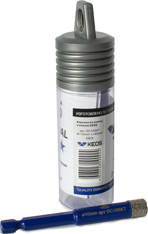 Упаковка коронки алмазной по керамограниту Keos Professional Vacuum Brazed 1/4" HEX 10 мм Упаковка коронки алмазной по керамограниту Keos Professional Vacuum Brazed 1/4" HEX 10 мм